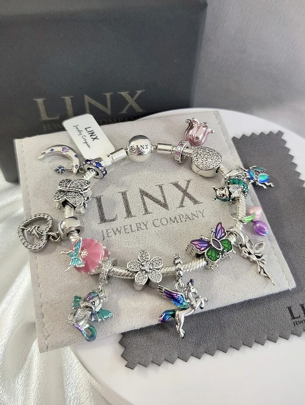 Linx Silver Snake Chain Bracelet with Fairy Unicorn And Dragon Themed Charms